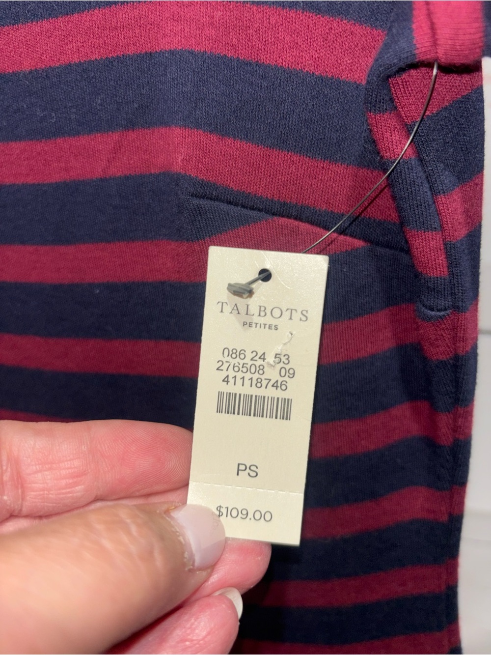 Talbots Navy and Wine Striped Long-Sleeve Sheath Dress Sz Small Petite NWT - Picture 3 of 7
